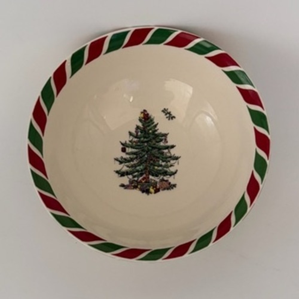 Spode Christmas Tree‎ Cereal Bowl Red Green Peppermint Stripe Rim 5.75in